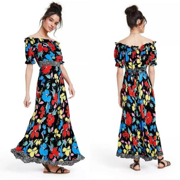 Rixo x Target Dress Black Floral Off The Shoulder Tie Waist Y2K Multicolor Print - Picture 1 of 6
